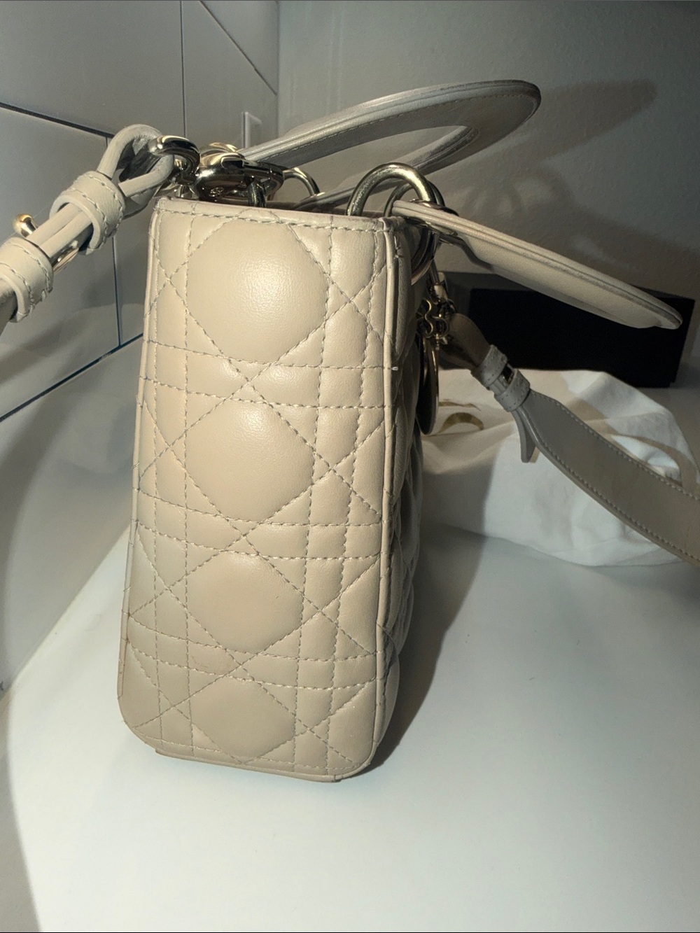 Dior Beige Quilted Lady Dior Medium Top-Handle Bag with Gold Hardware - Picture 13 of 14